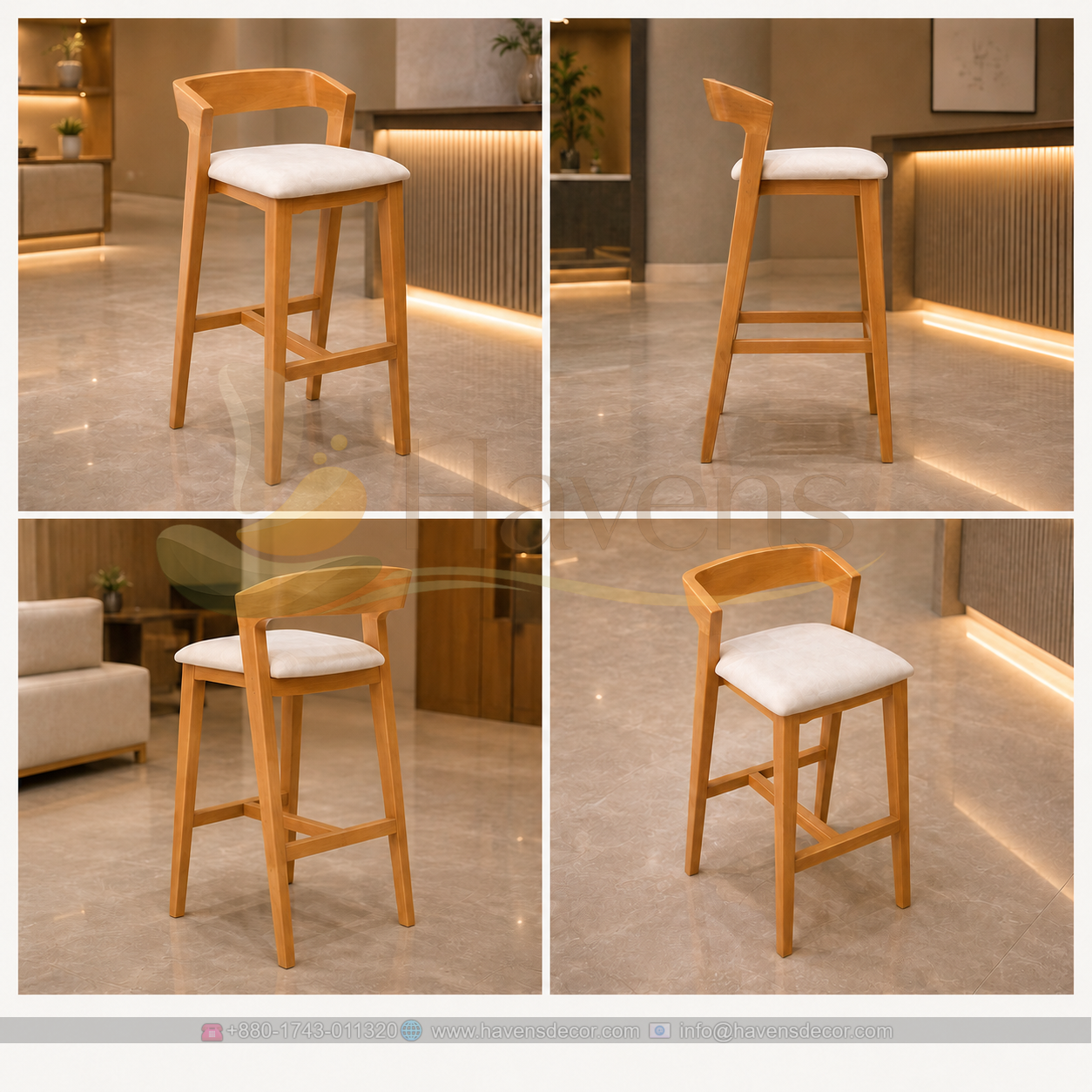 Modern Solid Wood Bar Stool with Cushioned Seat